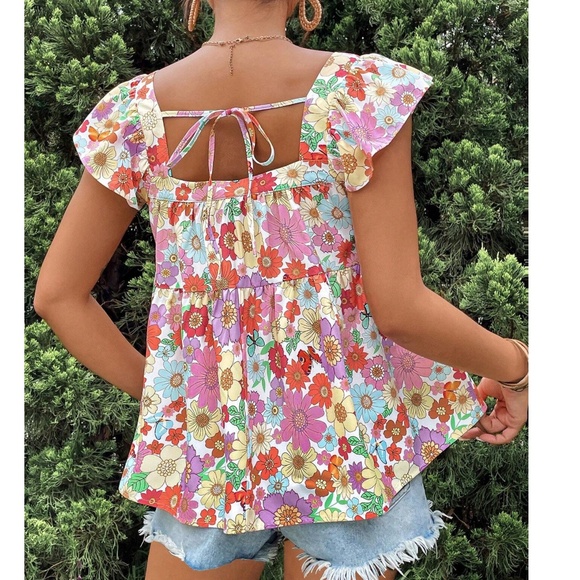 Boho Floral Print Ruffle Cap Sleeve Flowy Blouse - Picture 4 of 4